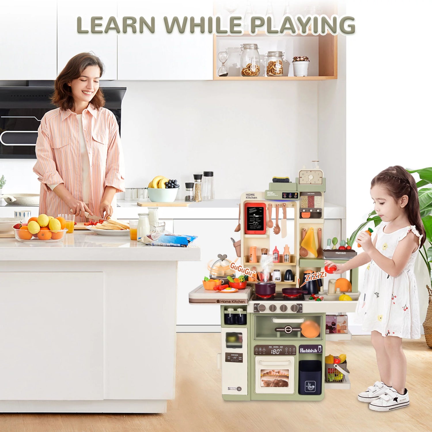Play Kitchen Set for Kids, 3FT Tall Kids Play Kitchen with Realistic Lights and Sounds, Simulation of Spray, 88Pcs Toy Kitchen Set for Toddlers Girls Boys Gift - Large (Green)