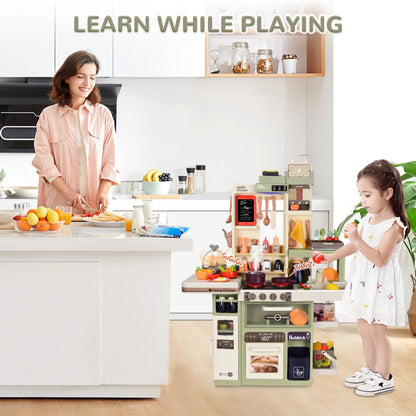 Play Kitchen Set for Kids, 3FT Tall Kids Play Kitchen with Realistic Lights and Sounds, Simulation of Spray, 88Pcs Toy Kitchen Set for Toddlers Girls Boys Gift - Large (Green)