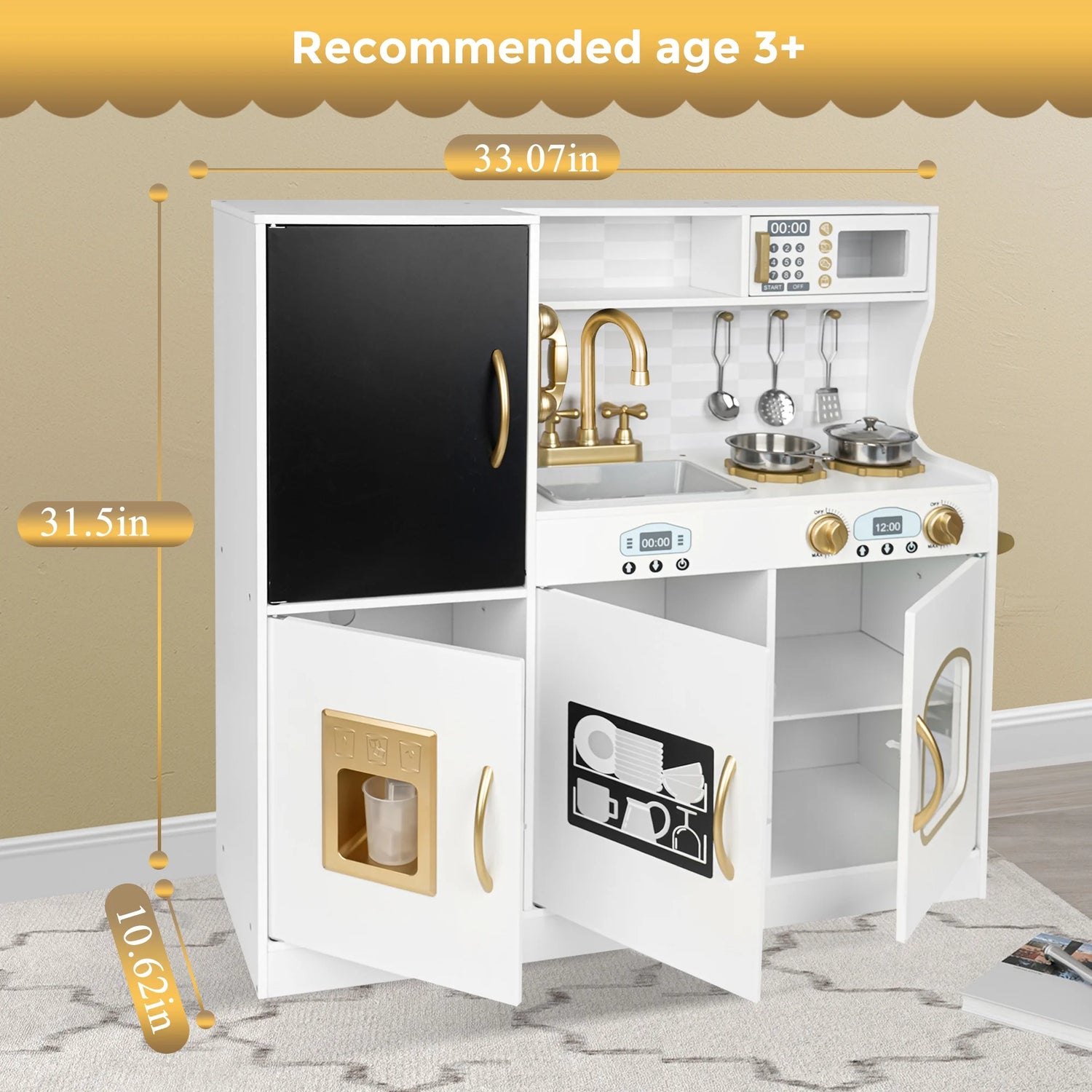 Play Kitchen, Wooden  with Chalkboard, Ice Maker, Play Phone, Cookware Accessories, Microwave Toy Kitchen Gift for Boys Girls Age 3-8 White