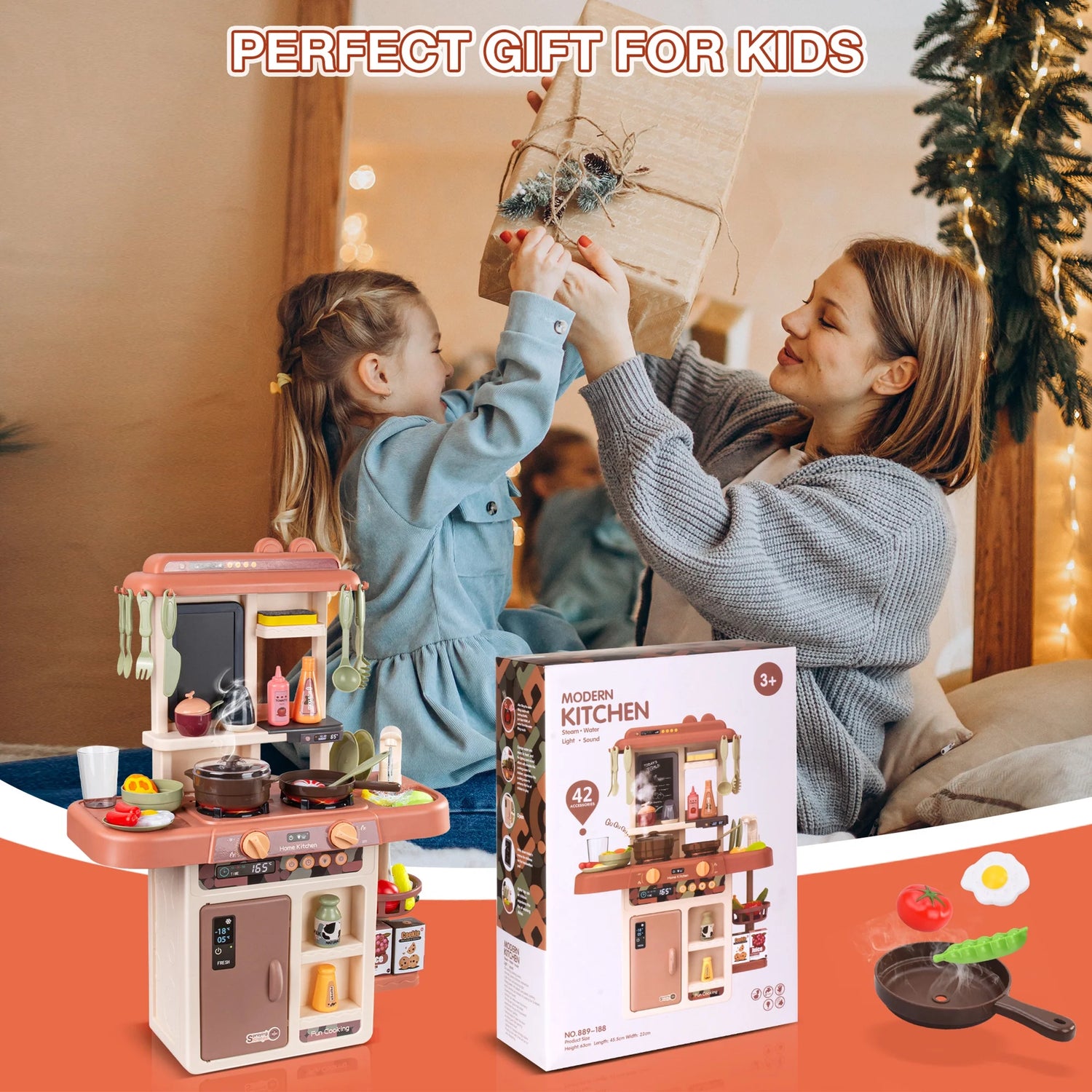 Play Kitchen Set for Kids, 2.1FT Tall Kids Play Kitchen with Realistic Lights and Sounds, Simulation of Spray, 42Pcs Toy Kitchen Set for Toddlers Girls Boys Gift - Small (Orange Red)