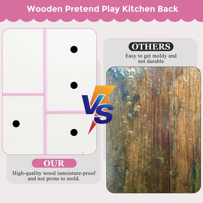 Play Kitchen, Wooden  with Chalkboard, Ice Maker, Play Phone, Cookware Accessories, Microwave Toy Kitchen Gift for Boys Girls Age 3-8 Pink