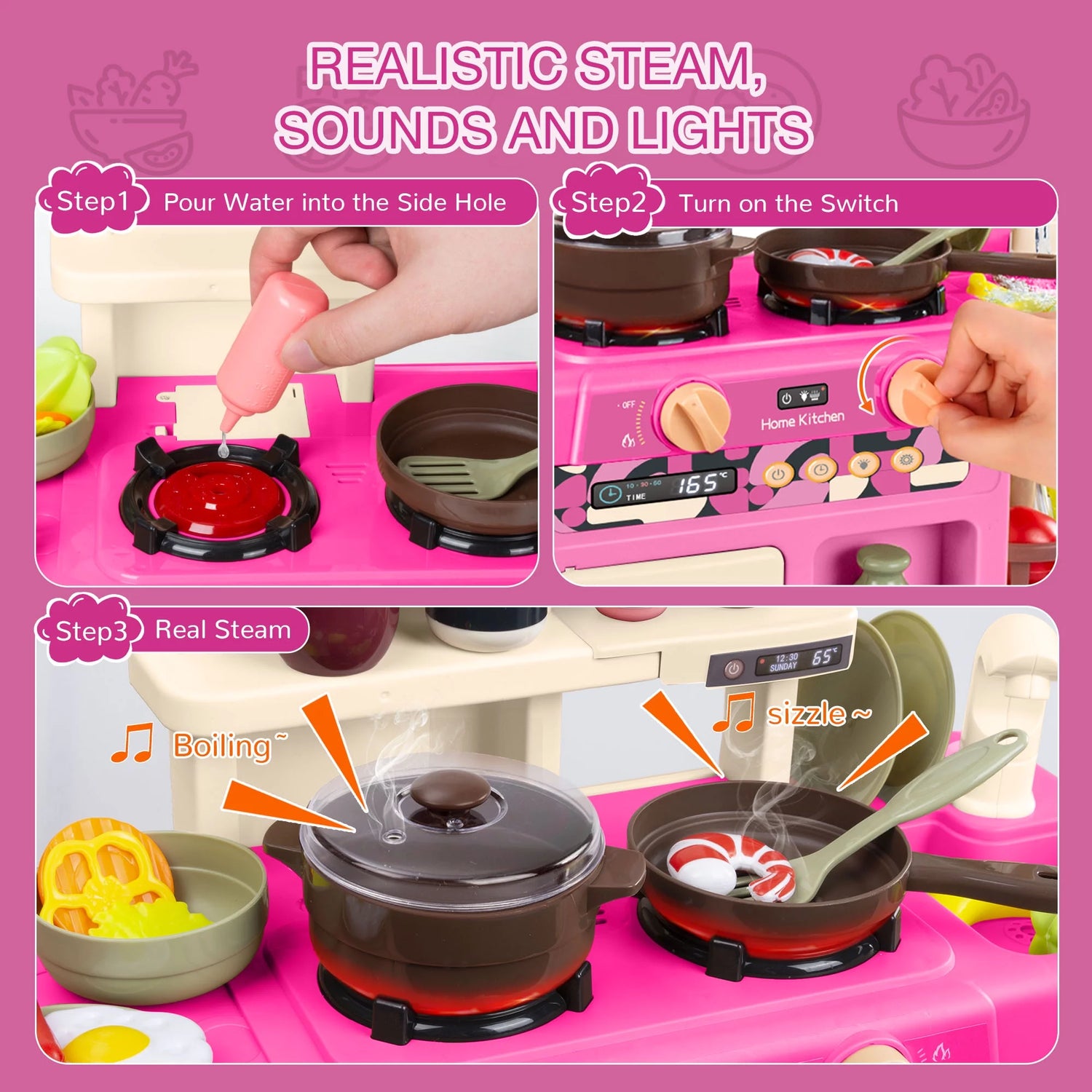 Play Kitchen Set for Kids, 2.1FT Tall Kids Play Kitchen with Realistic Lights and Sounds, Simulation of Spray, 42Pcs Toy Kitchen Set for Toddlers Girls Boys Gift - Small (Pink)