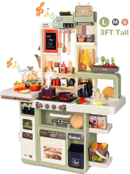 Play Kitchen Set for Kids, 3FT Tall Kids Play Kitchen with Realistic Lights and Sounds, Simulation of Spray, 88Pcs Toy Kitchen Set for Toddlers Girls Boys Gift - Large (Green)