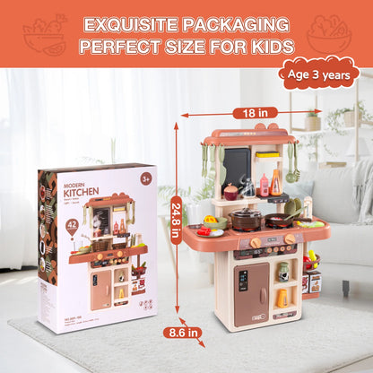Play Kitchen Set for Kids, 2.1FT Tall Kids Play Kitchen with Realistic Lights and Sounds, Simulation of Spray, 42Pcs Toy Kitchen Set for Toddlers Girls Boys Gift - Small (Orange Red)