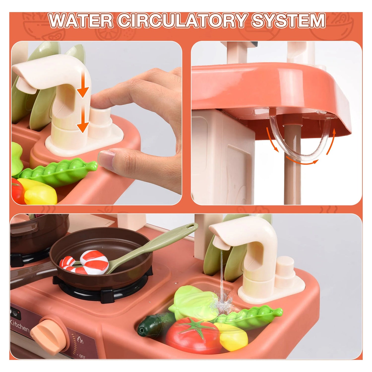 Play Kitchen Set for Kids, 2.1FT Tall Kids Play Kitchen with Realistic Lights and Sounds, Simulation of Spray, 42Pcs Toy Kitchen Set for Toddlers Girls Boys Gift - Small (Orange Red)