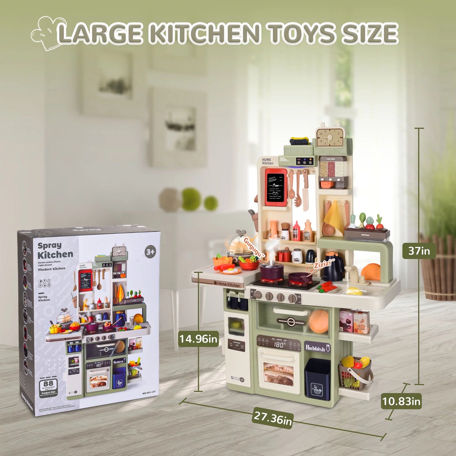 Play Kitchen Set for Kids, 3FT Tall Kids Play Kitchen with Realistic Lights and Sounds, Simulation of Spray, 88Pcs Toy Kitchen Set for Toddlers Girls Boys Gift - Large (Green)