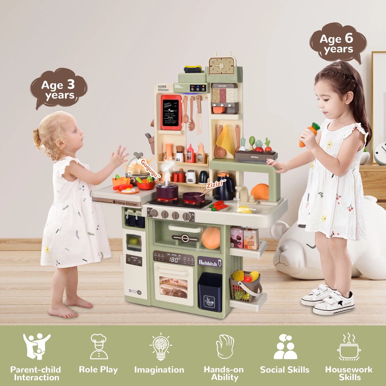 Play Kitchen Set for Kids, 3FT Tall Kids Play Kitchen with Realistic Lights and Sounds, Simulation of Spray, 88Pcs Toy Kitchen Set for Toddlers Girls Boys Gift - Large (Green)
