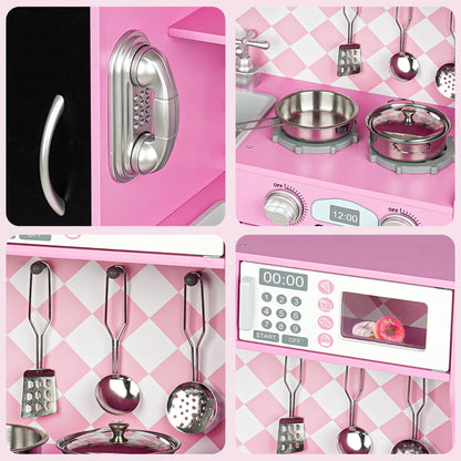 Play Kitchen, Wooden  with Chalkboard, Ice Maker, Play Phone, Cookware Accessories, Microwave Toy Kitchen Gift for Boys Girls Age 3-8 Pink