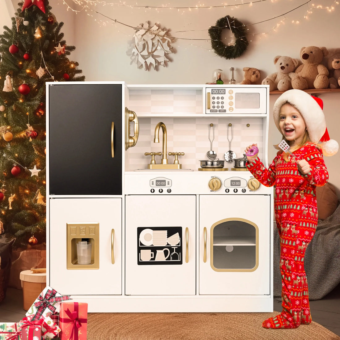 Play Kitchen, Wooden  with Chalkboard, Ice Maker, Play Phone, Cookware Accessories, Microwave Toy Kitchen Gift for Boys Girls Age 3-8 White