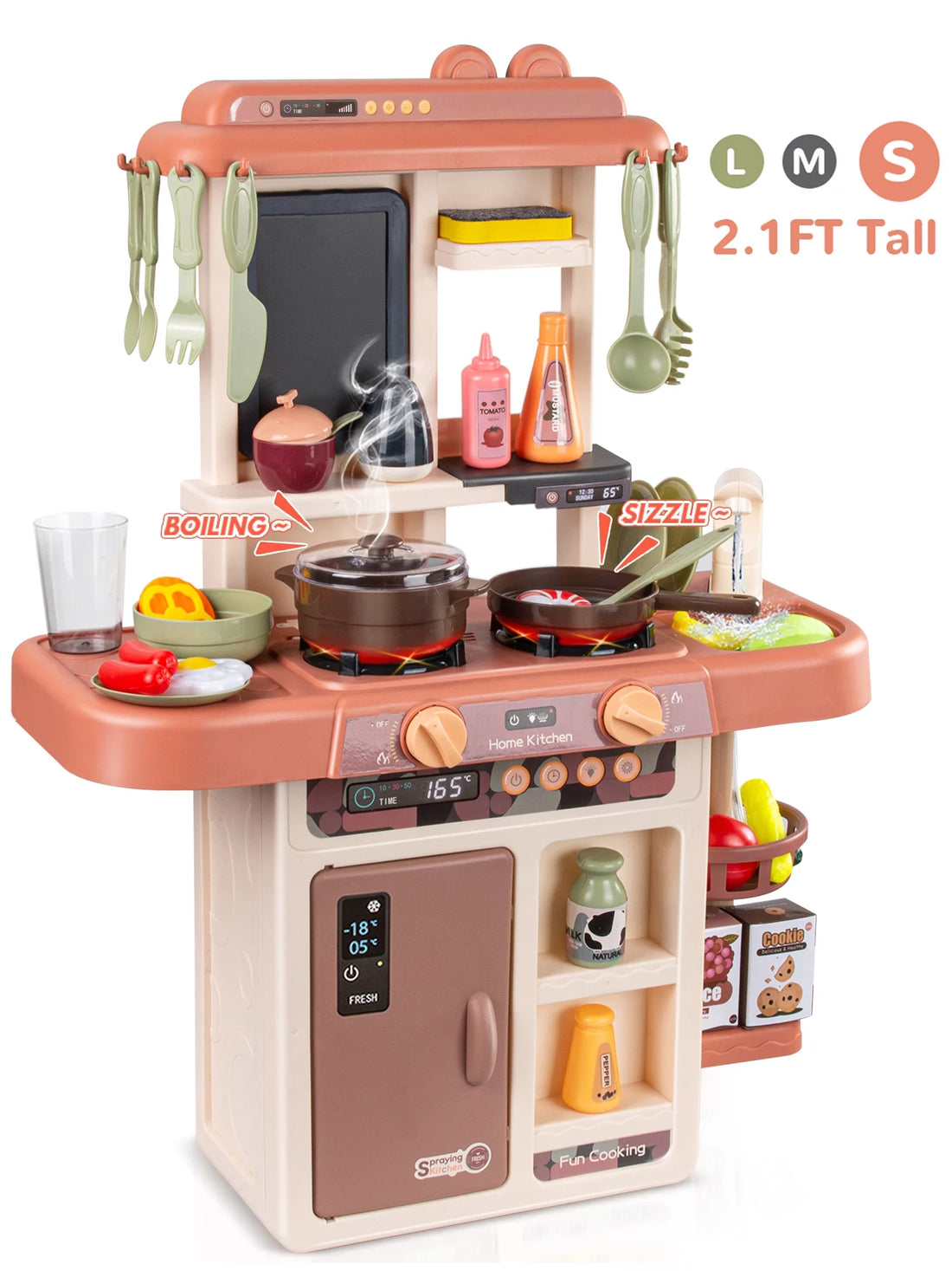 Play Kitchen Set for Kids, 2.1FT Tall Kids Play Kitchen with Realistic Lights and Sounds, Simulation of Spray, 42Pcs Toy Kitchen Set for Toddlers Girls Boys Gift - Small (Orange Red)