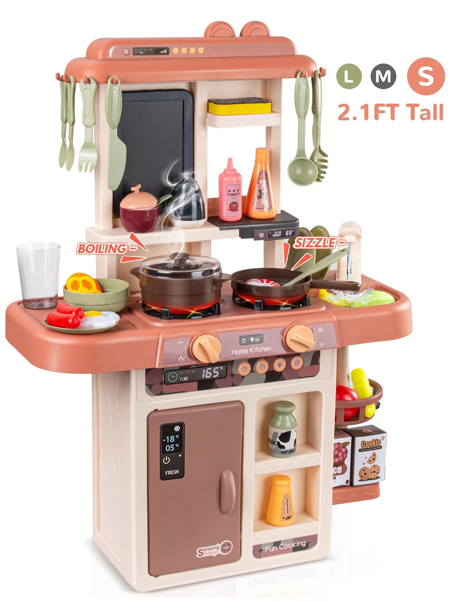 Play Kitchen Set for Kids, 2.1FT Tall Kids Play Kitchen with Realistic Lights and Sounds, Simulation of Spray, 42Pcs Toy Kitchen Set for Toddlers Girls Boys Gift - Small (Orange Red)